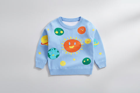 Cheerful Solar System Design Cotton Knit Sweater