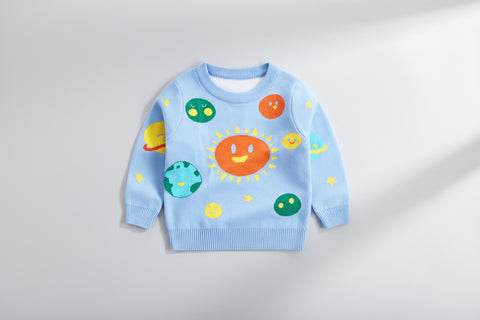 Cheerful Solar System Design Cotton Knit Sweater