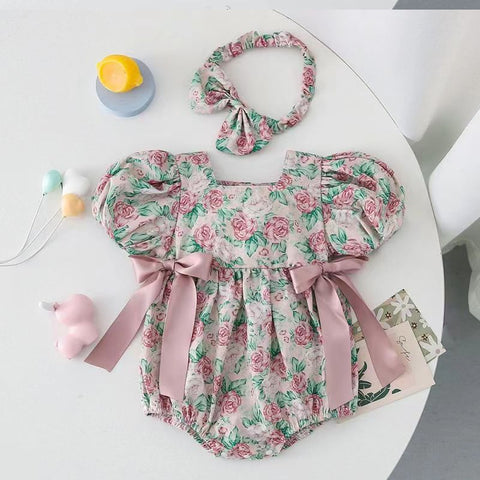 Cotton Romper and Headband Rose Print Set
