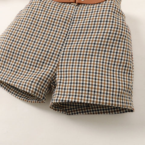 Ribbed Ruffle Tee and Checkered Shorts Set