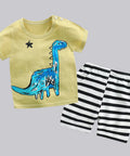 Children's outfit with yellow t-shirt featuring a blue dinosaur and black and white striped shorts on a white background.