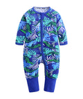 Children's onesie with blue and green leaf pattern on a white background
