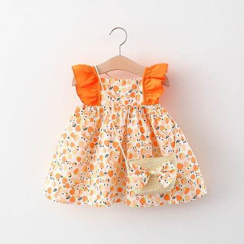 Floral Cotton Dress with Ruffle Straps and Bow Bag