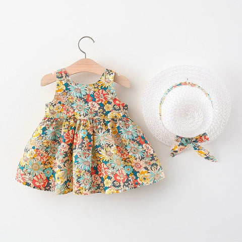 Floral Cotton Dress with Yellow Bow and Sun Hat