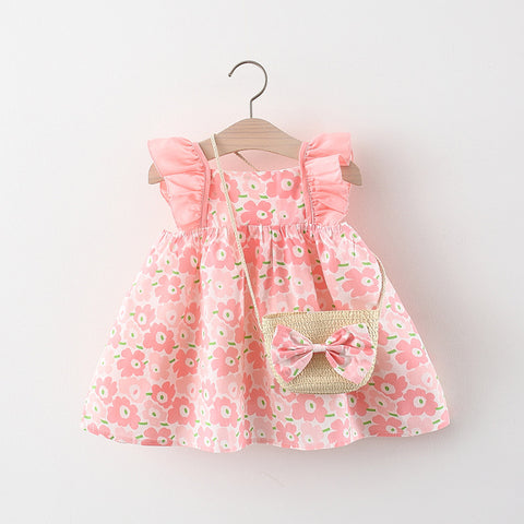 Floral Cotton Dress with Ruffle Straps and Bow Bag