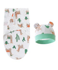 Baby swaddle and hat set with llama and cactus pattern on a white background