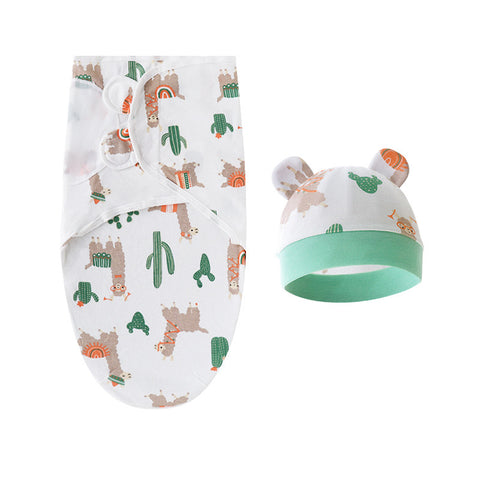 Baby swaddle and hat set with llama and cactus pattern on a white background