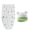 Baby swaddle and hat set with bear pattern on a white background
