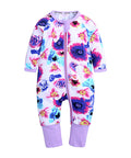 Colorful floral-patterned onesie with a zipper on a white background