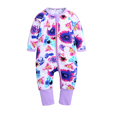 Colorful floral-patterned onesie with a zipper on a white background