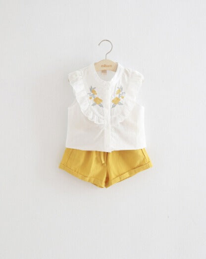 Floral Embroidered Shirt and High-Waist Shorts Set