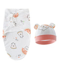 Baby swaddle blanket and hat set with animal pattern on a white background