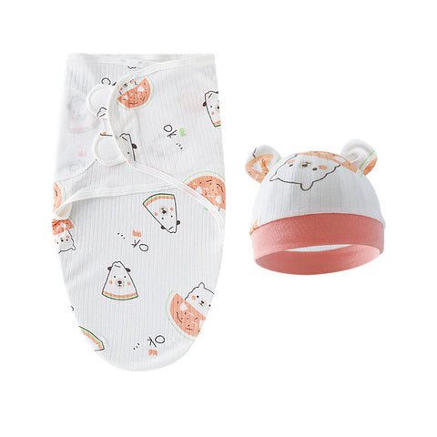 Baby swaddle blanket and hat set with animal pattern on a white background