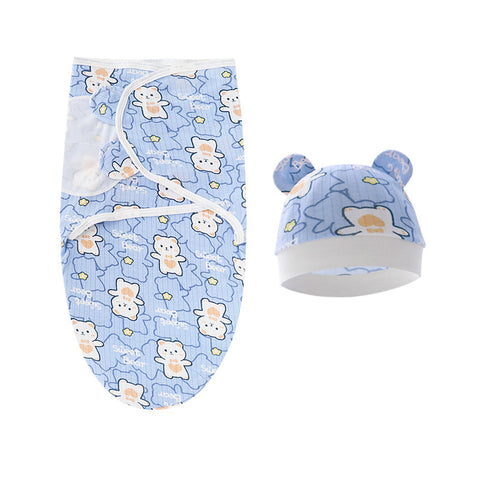 Baby swaddle and hat set with bear pattern on a white background