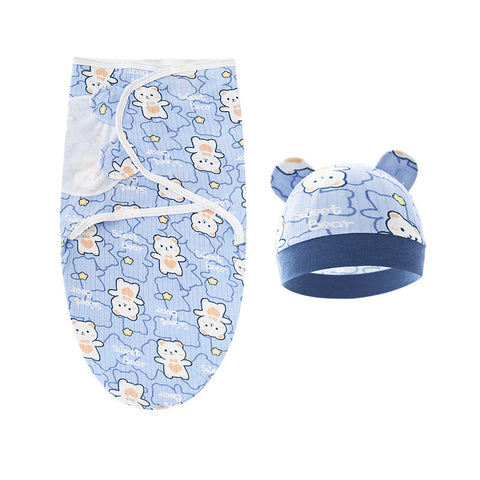 Baby swaddle and hat set with bear pattern on a white background