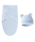 Blue baby swaddle and hat set on a white background
