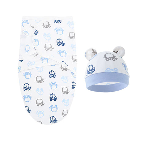 Baby swaddle and hat set with car pattern on a white background