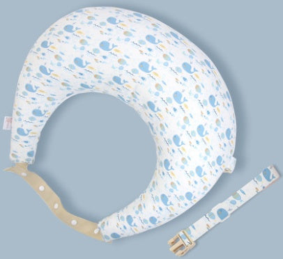 Baby seat cover with pattern and strap on a gray background
