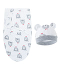 Baby swaddle with bear pattern and matching hat on a white background