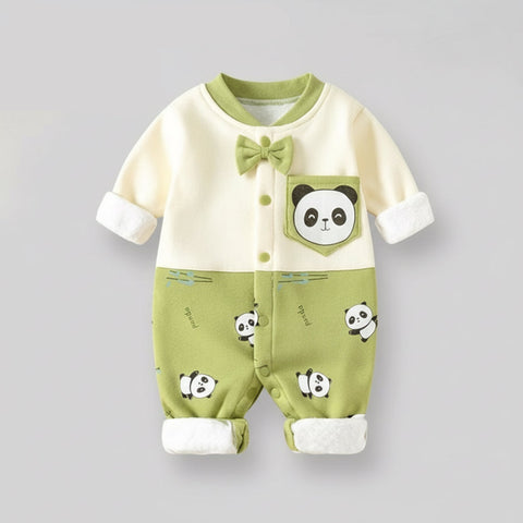 Green baby romper with panda design on a gray background