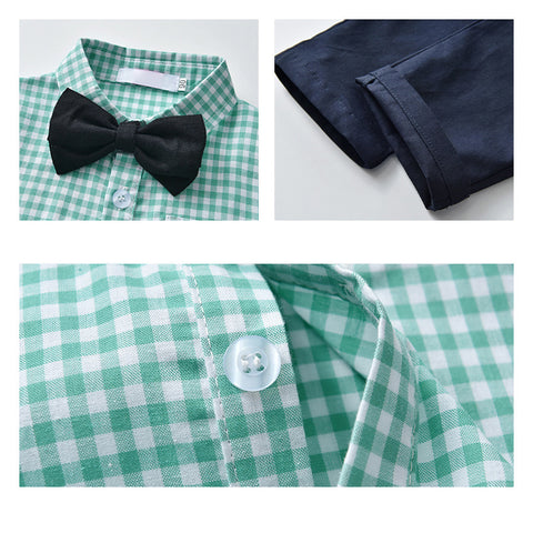Elegant Plaid Shirt, Suspender Pants and Bow Tie Set
