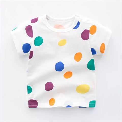 White t-shirt with colorful polka dot pattern on a white background