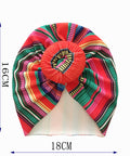 Colorful headscarf with a decorative bow, shown with measurements on a white background.