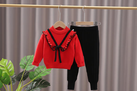 Cozy Pullover with Ruffle Trim and Ribbed Pants Set