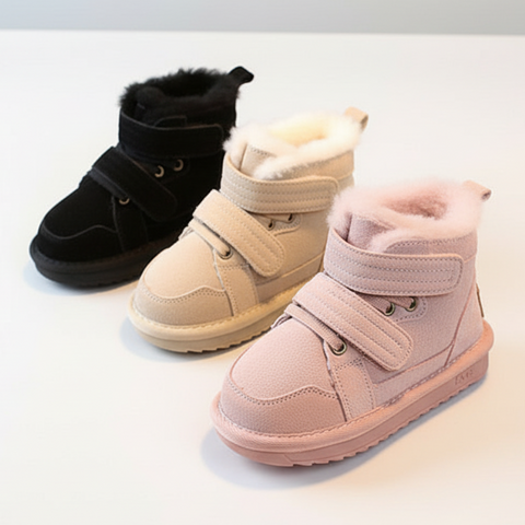 Three pairs of winter boots in black, white, and pink on a light gray background