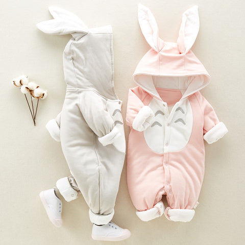 Cozy cotton hooded jumpsuit with bunny ear hood - two piece set