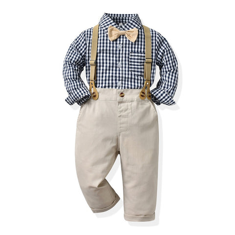 Gentleman Plaid Shirt, Suspender Pants and Bow Tie Set