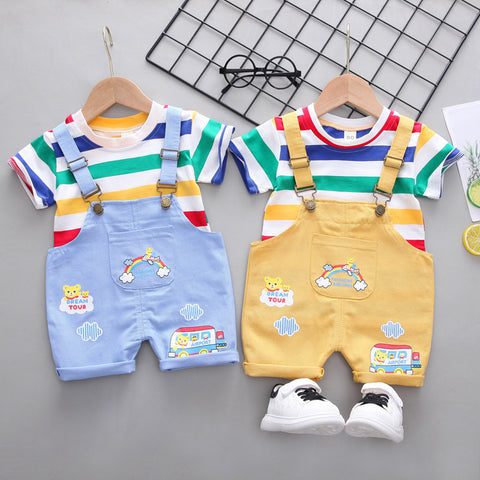 Rainbow Stripe Tee and Bear Print Overall Set