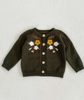 Children's brown cardigan with floral embroidery on a light gray background