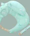 Mint green baby seat cover with deer pattern on a gray background