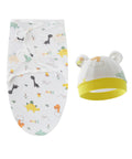 Baby swaddle and hat set with animal pattern on a white background
