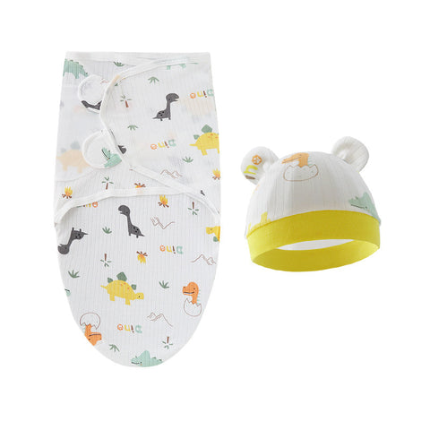 Baby swaddle and hat set with animal pattern on a white background