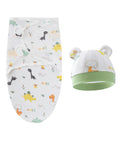 Baby swaddle and hat set with animal pattern on a white background