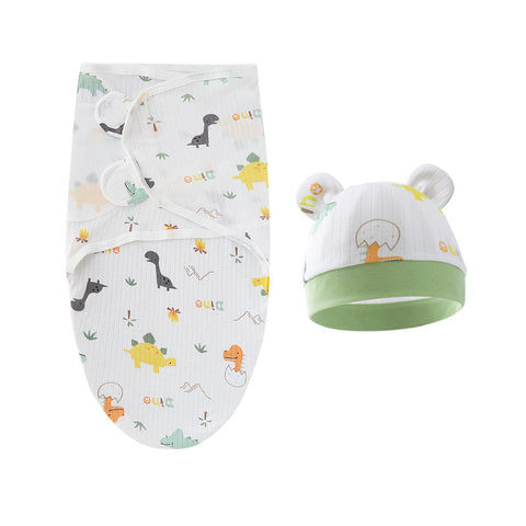 Baby swaddle and hat set with animal pattern on a white background