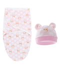 Baby swaddle and hat set with bear pattern on a white background
