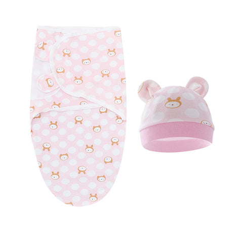 Baby swaddle and hat set with bear pattern on a white background