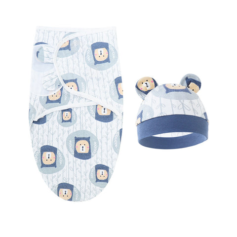 Baby swaddle and hat set with bear pattern on a white background