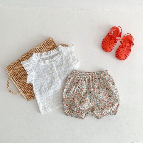 Comfort Ruffle Sleeve Blouse and Floral Shorts Set