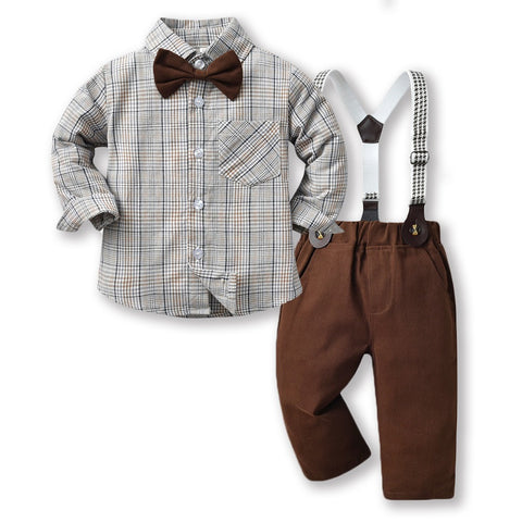 Gentleman Plaid Shirt, Suspender Pants and Bow Tie Set