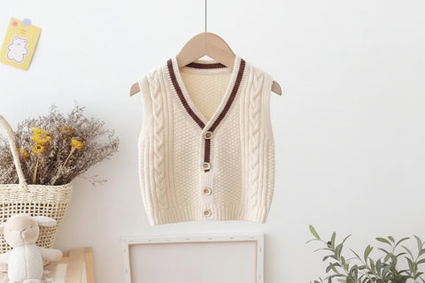 Beige knitted vest with brown trim on a hanger against a light background