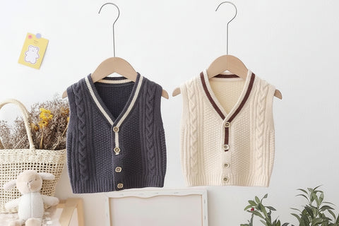 Two knitted cardigans, one blue and one beige.