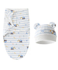 Baby swaddle and hat set with construction vehicle pattern on a white background