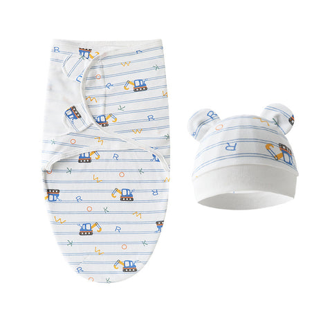 Baby swaddle and hat set with construction vehicle pattern on a white background
