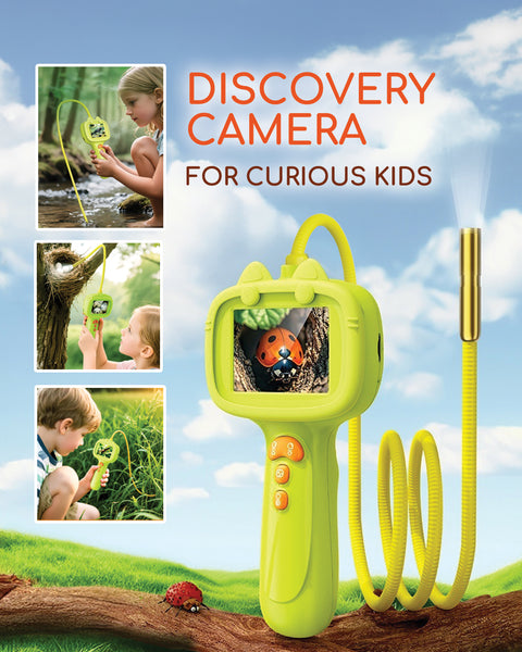 Discovery camera for curious kids with a child using it outdoors.