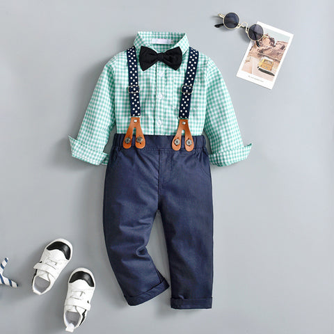 Elegant Plaid Shirt, Suspender Pants and Bow Tie Set