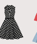 Three polka dot dresses in black, red, and blue on a light gray background